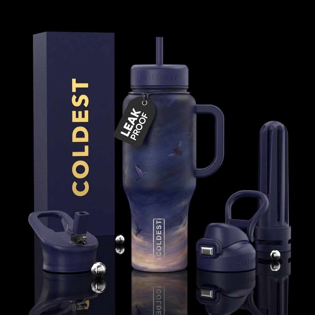 I want a deep indigo bottle showing  the sky at th... water bottle design