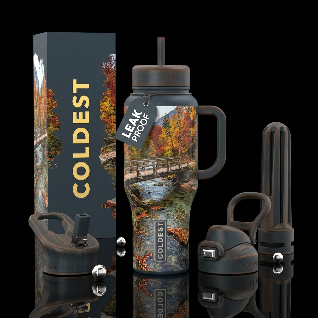 I want a deep slate bottle showing  a single woode... water bottle design