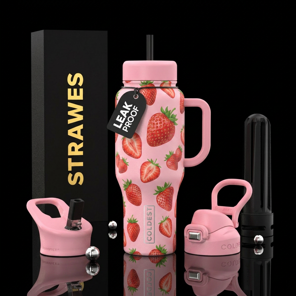 Strawberries, cute, girly water bottle design