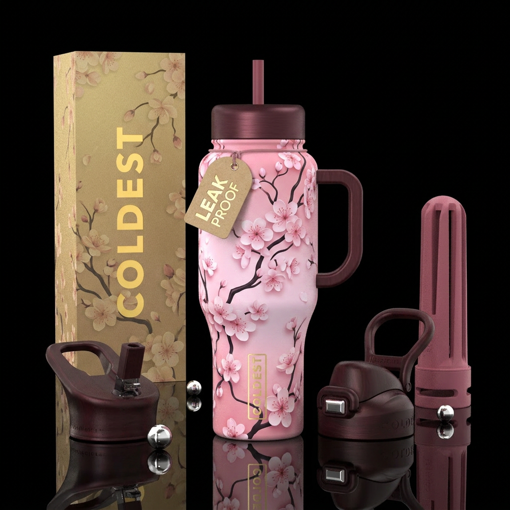 Cherry blossom, cute, aesthetic water bottle design