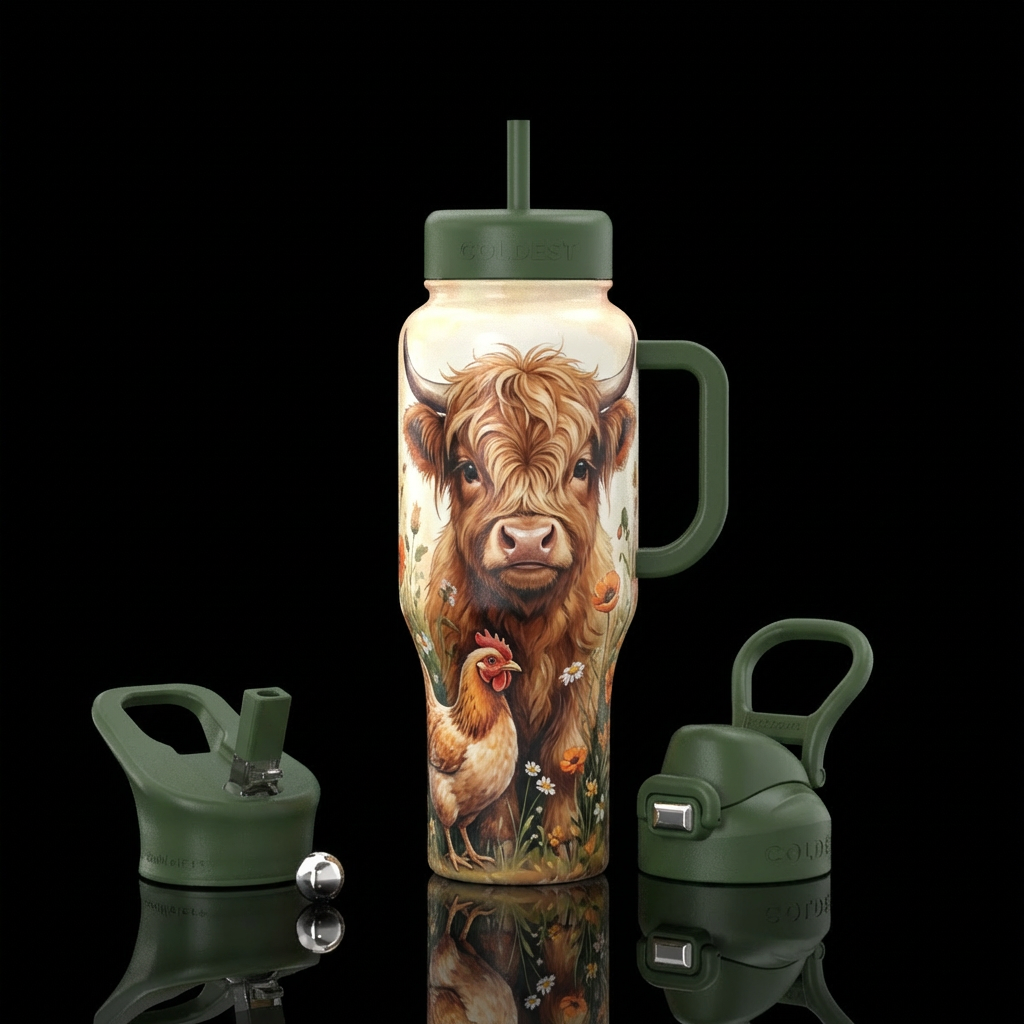 Baby Highland cow with chicken water bottle design