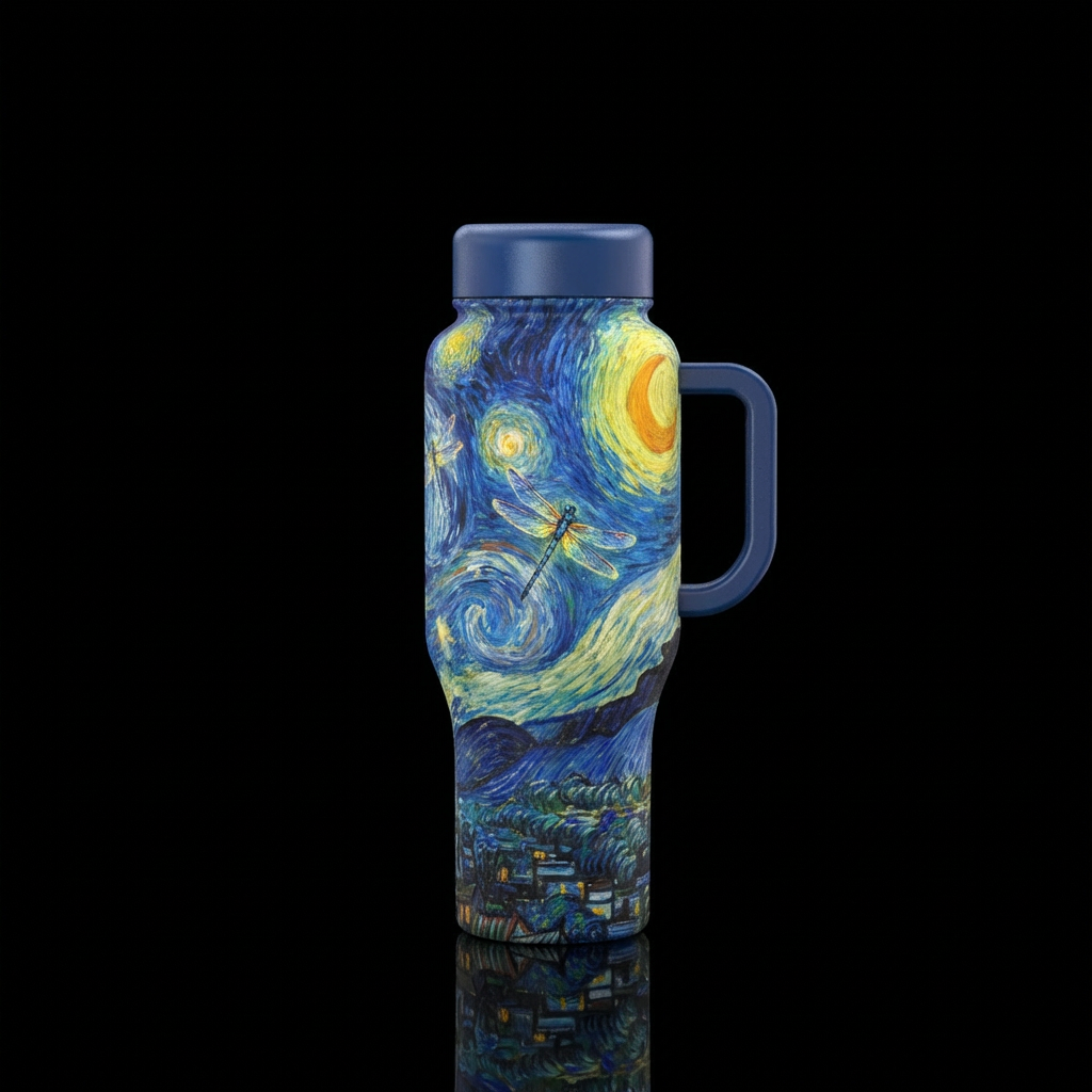 Dragonfly starry night, van Gogh water bottle design