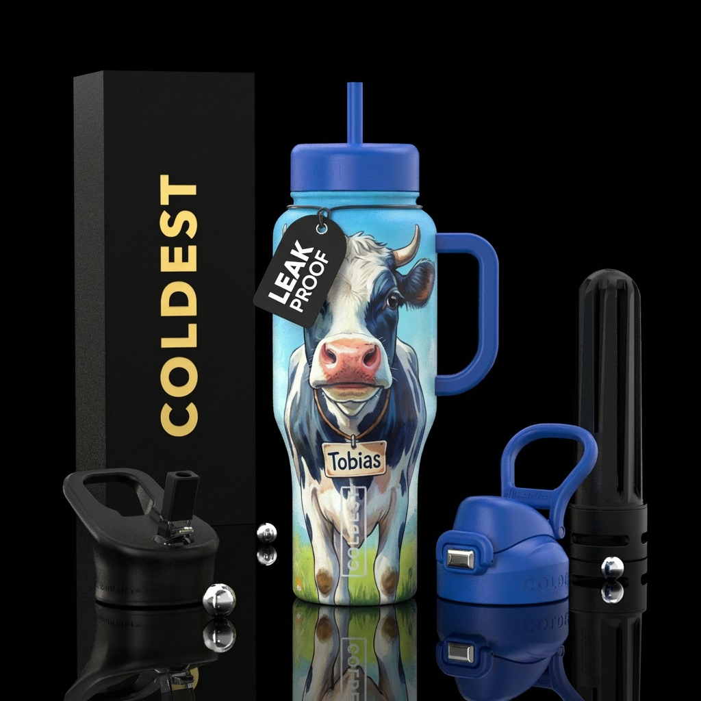 A print of a cow with a name tag that says Tobias water bottle design