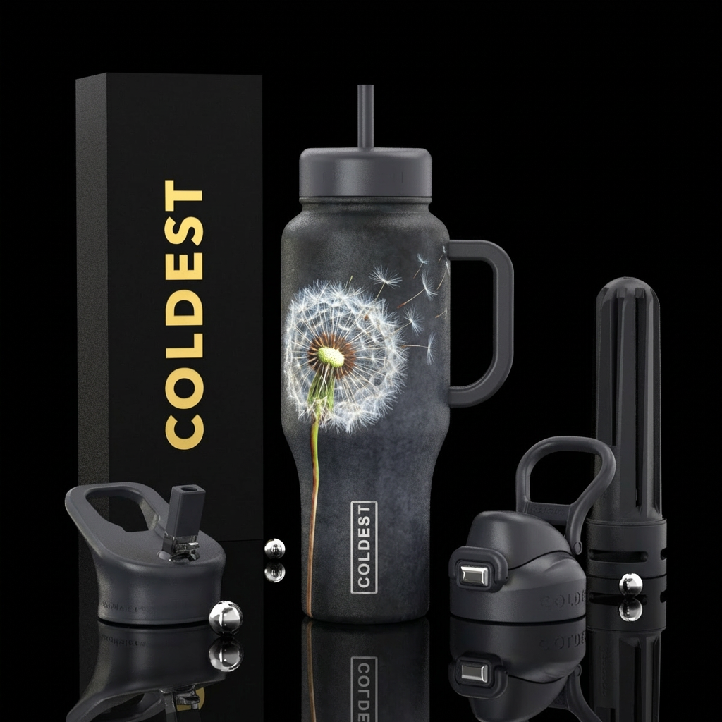 Dandelion blowing in the wind on a dark background water bottle design