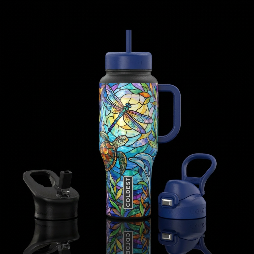 Stained glass mural bottle with a dragonfly, a sea... water bottle design