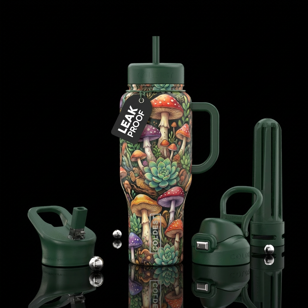 A bottle with tons of different mushroom designs f... water bottle design