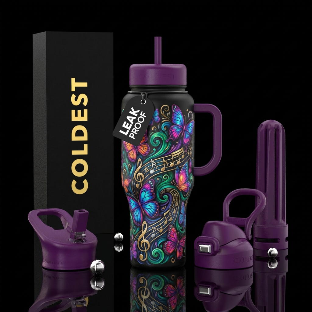 butterfly, music, swirls, classical water bottle design