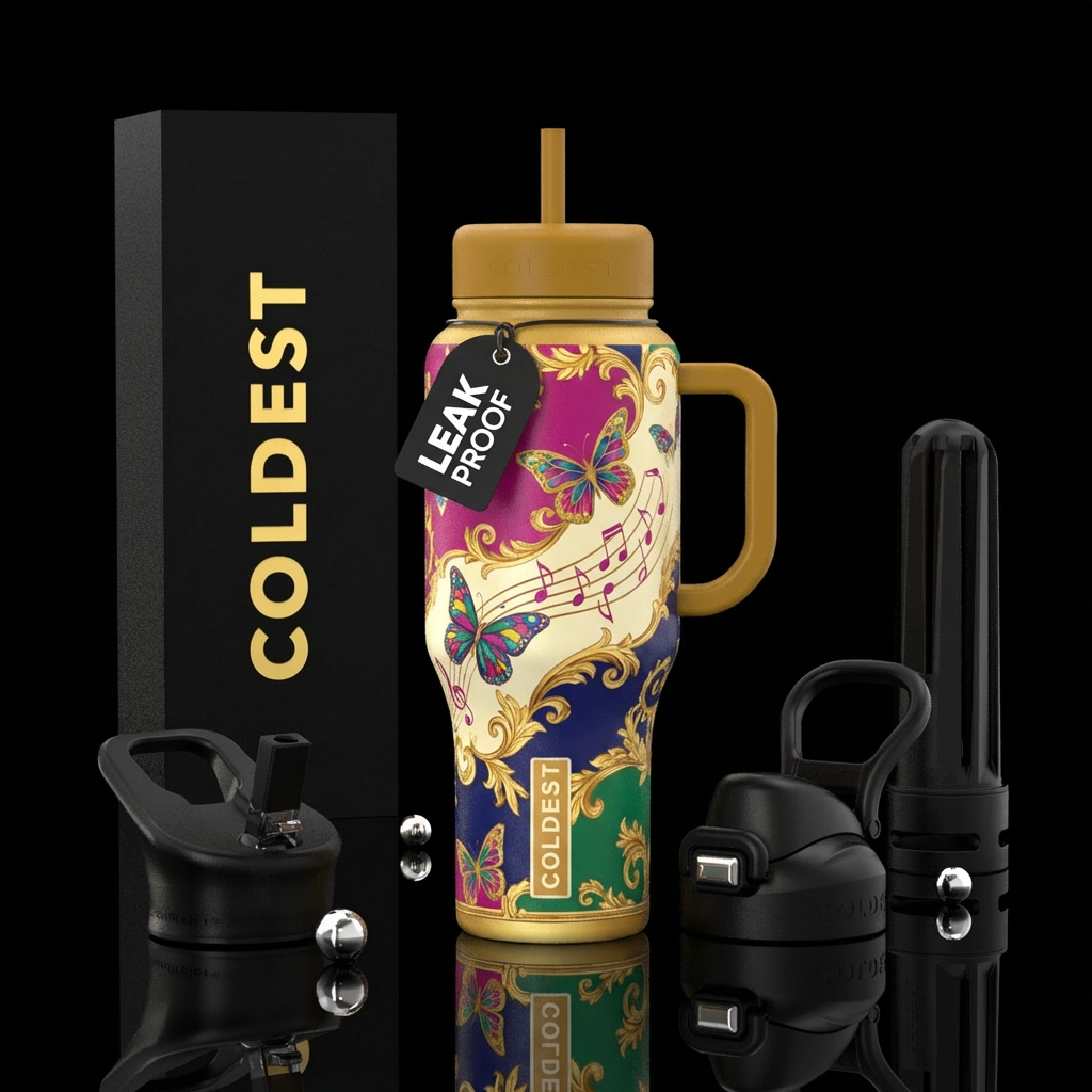 butterfly, music, swirls, classical water bottle design