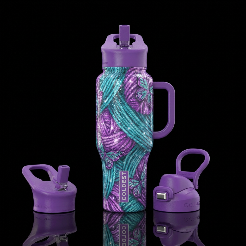 yarn, butterfly, purple, teal, sparkle water bottle design
