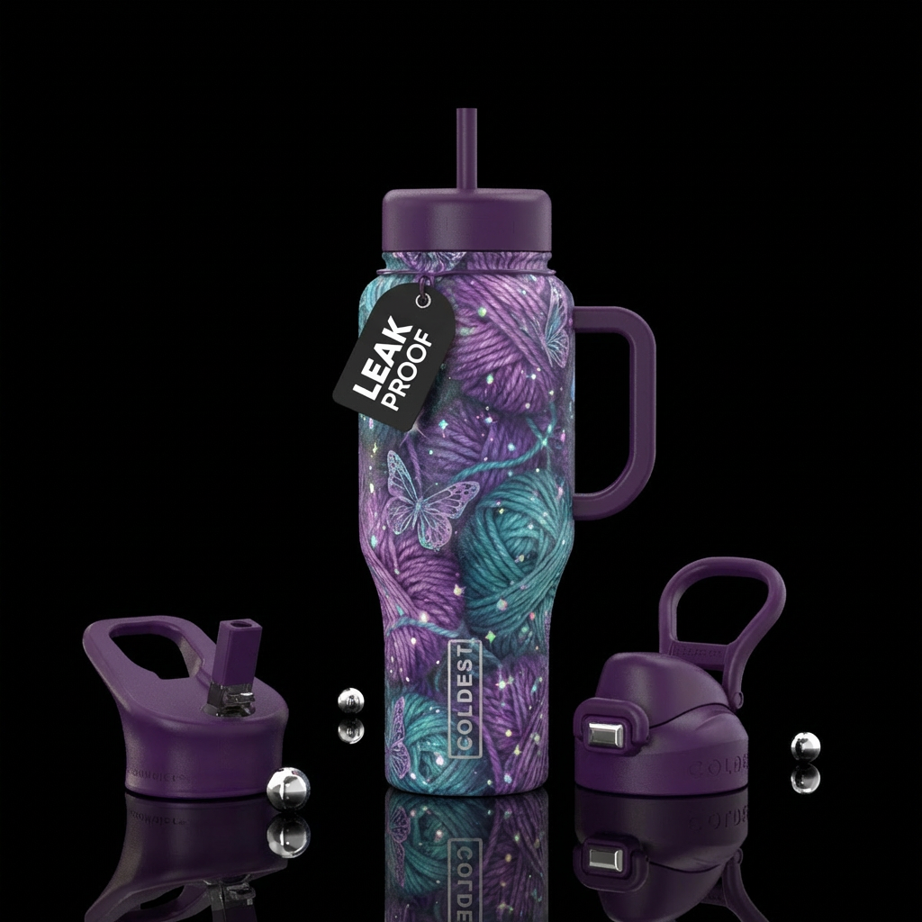 yarn, butterfly, purple, teal, sparkle water bottle design