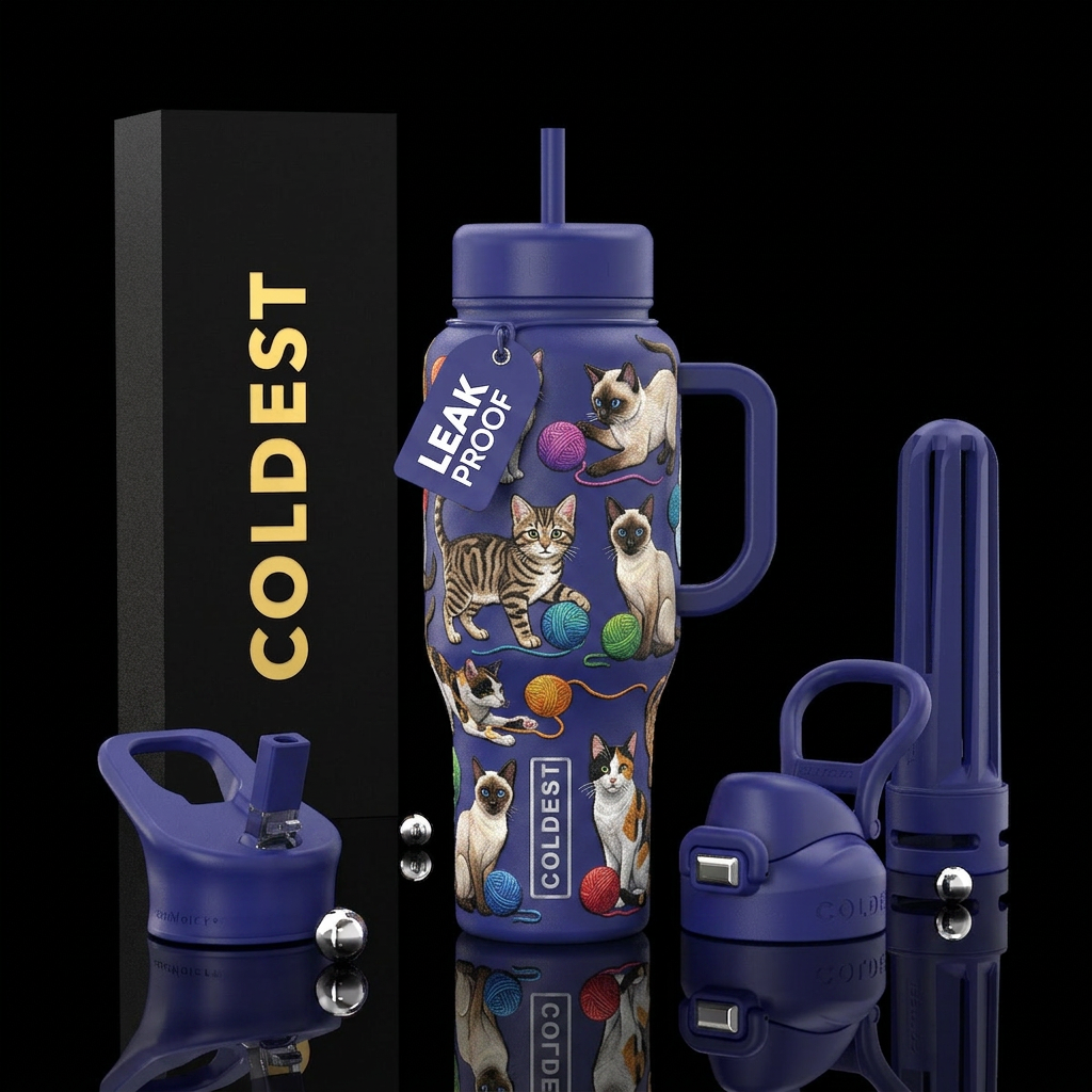 Cats, yarn, colorful, realistic, water bottle design