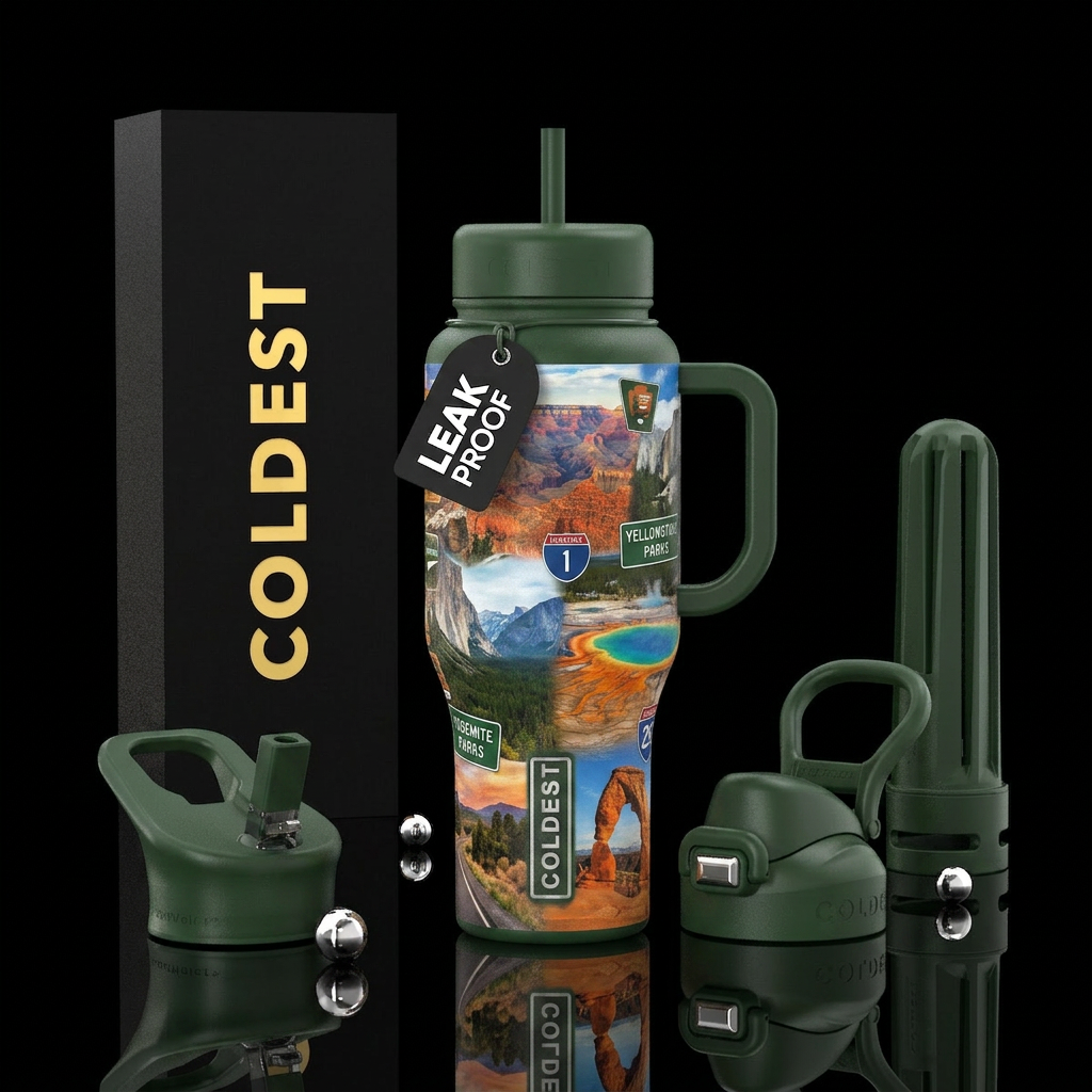 National Parks, road trip, realistic, earth tones water bottle design