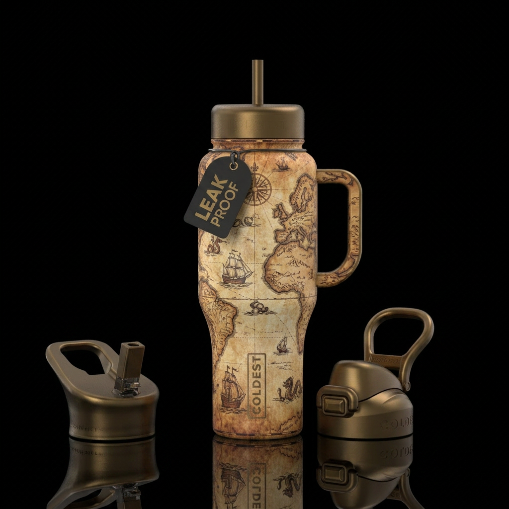 Old world vintage map, brown, texture, show both s... water bottle design