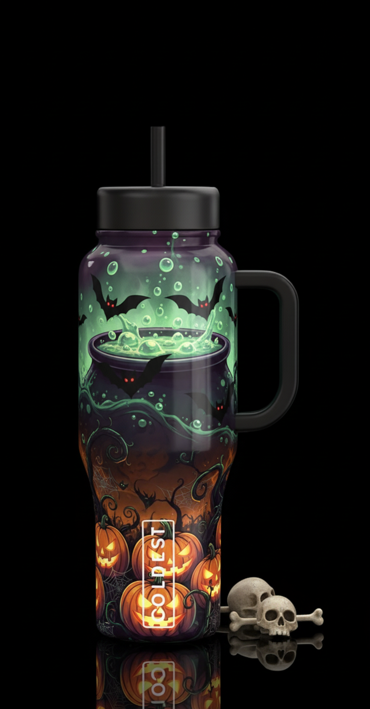 A spooky cauldron, haunted with bats and pumpkins ... - Variation 1 water bottle design