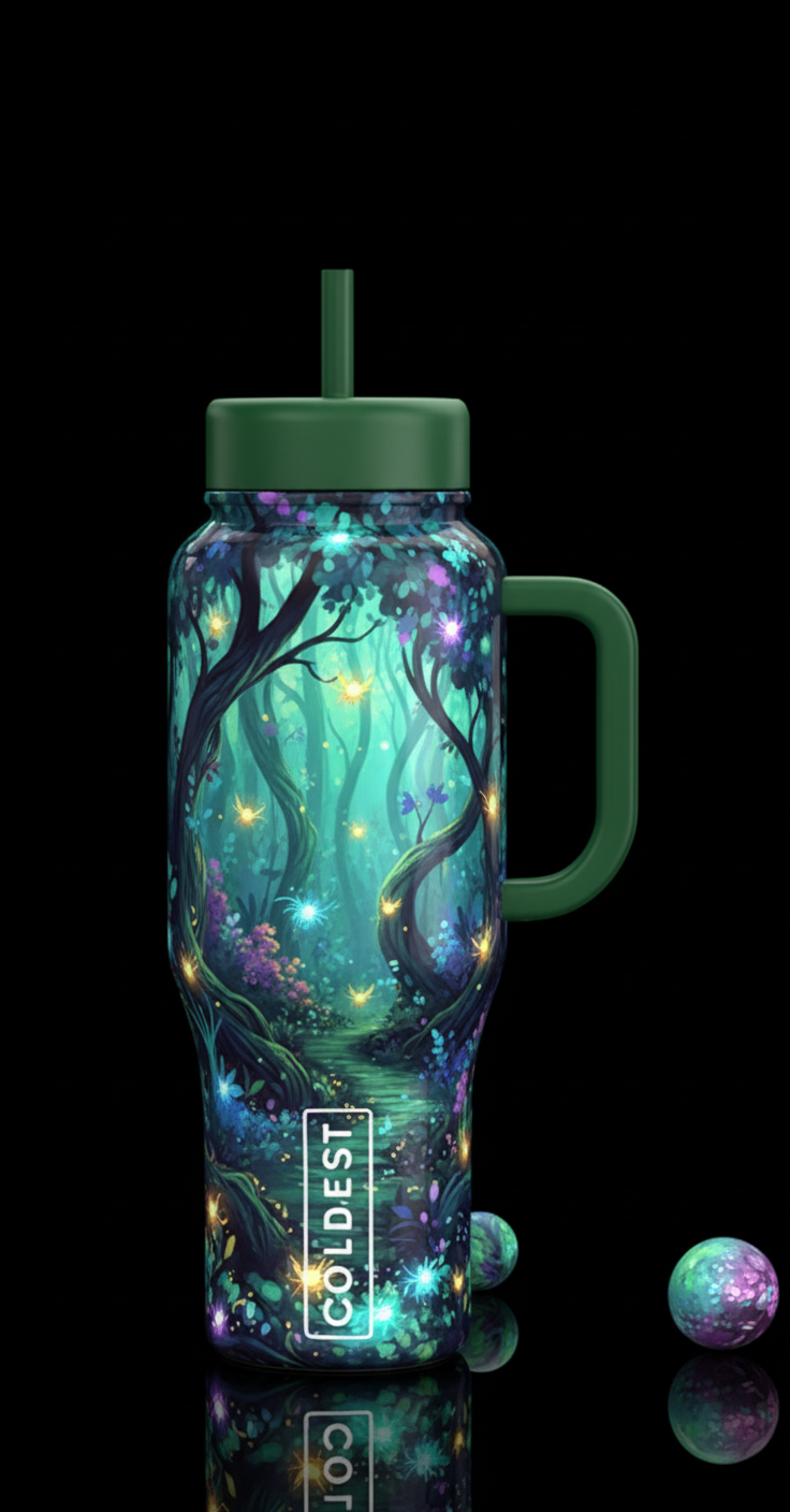 magical forrest with glowie bugs water bottle design