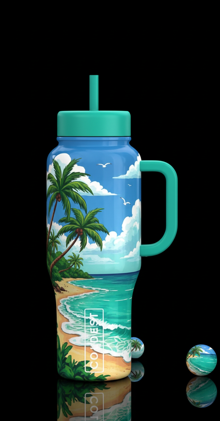 Ocean beach palm trees real colors of carribean se... water bottle design