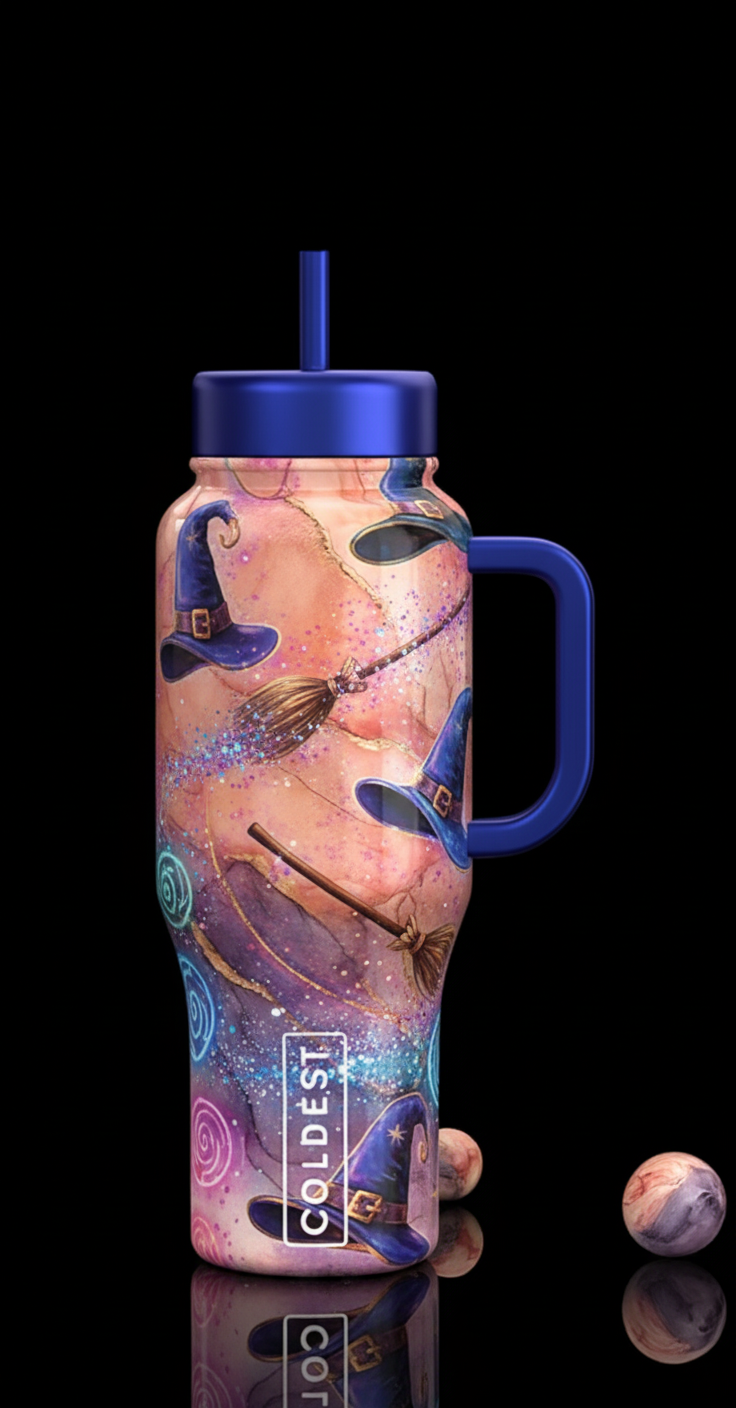 wizard hats broom sticks magic spells mysterious water bottle design