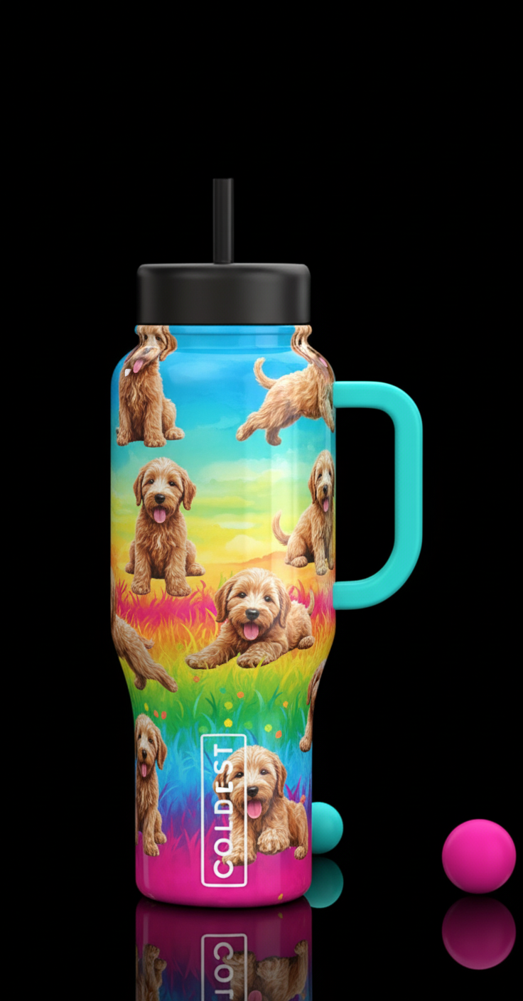 pets, furry, cute, puppies, happy, golden doodle water bottle design
