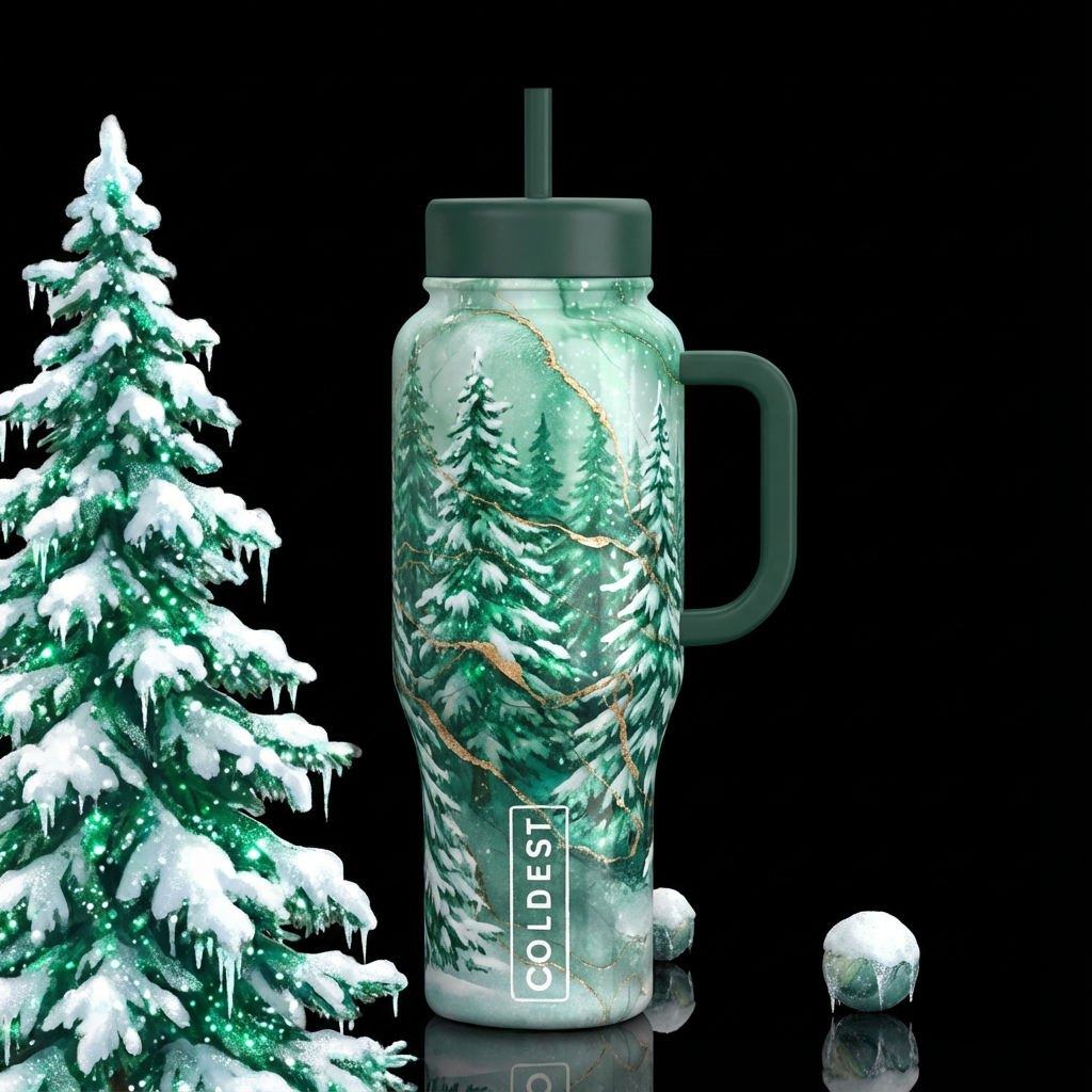 winter green trees covered with snow water bottle design