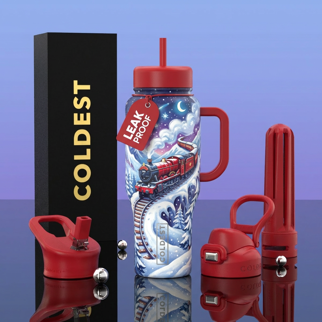 red train (similar to to hogwarts train) going up ... water bottle design