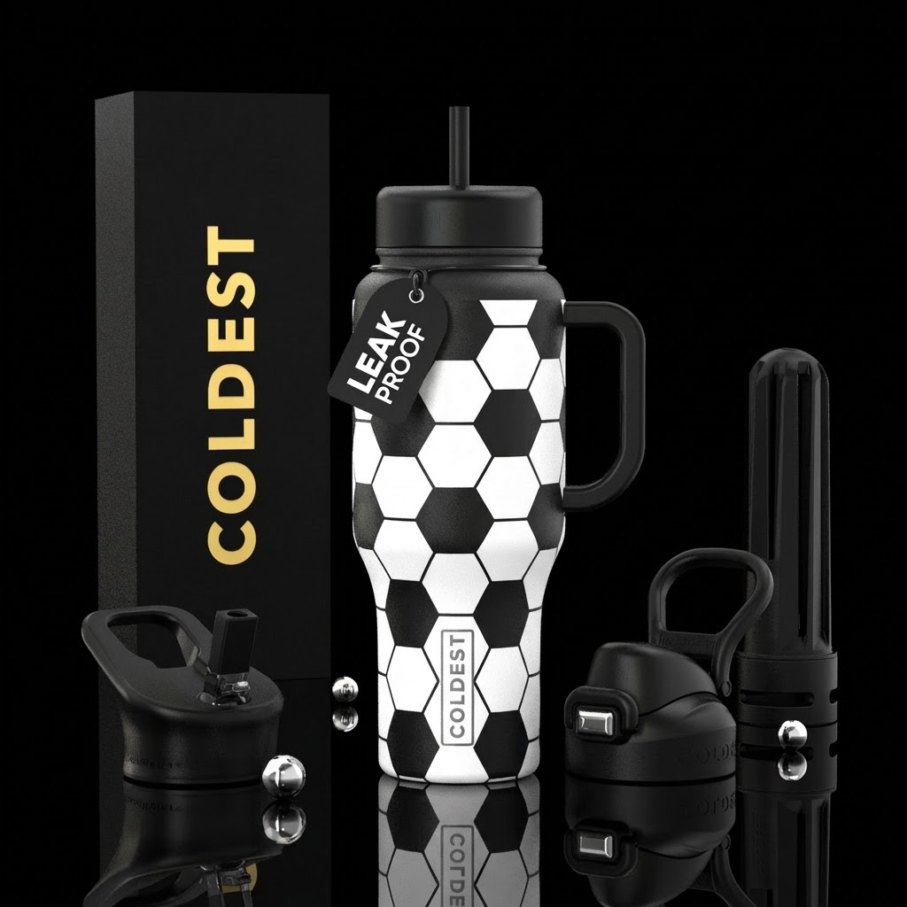 soccer ball, black white, water bottle design
