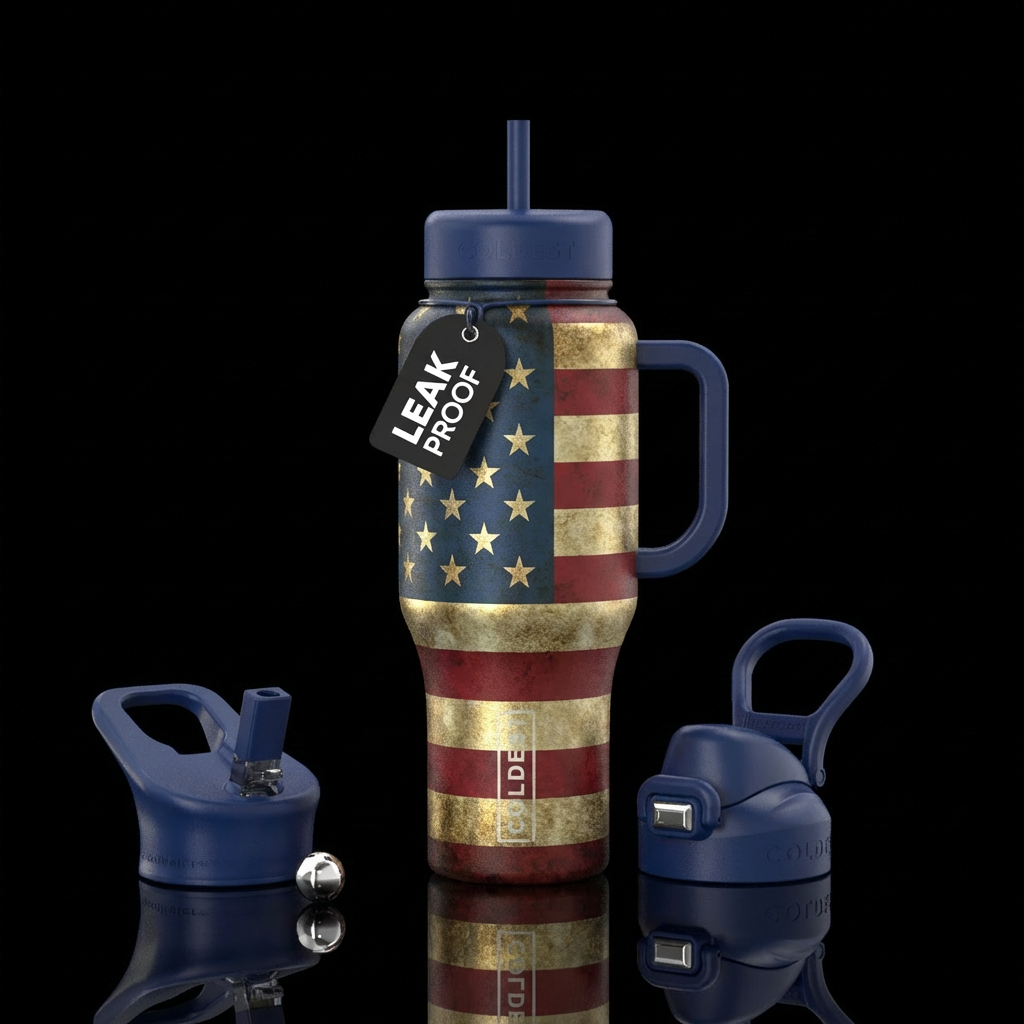 american rustic flag in gold, blue, red, white, water bottle design