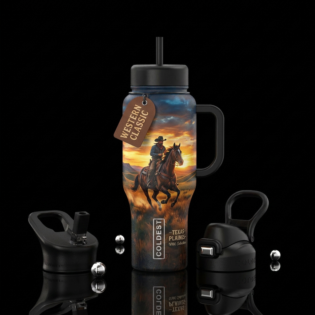cowboy riding horse, in great plains, texas, vibes water bottle design
