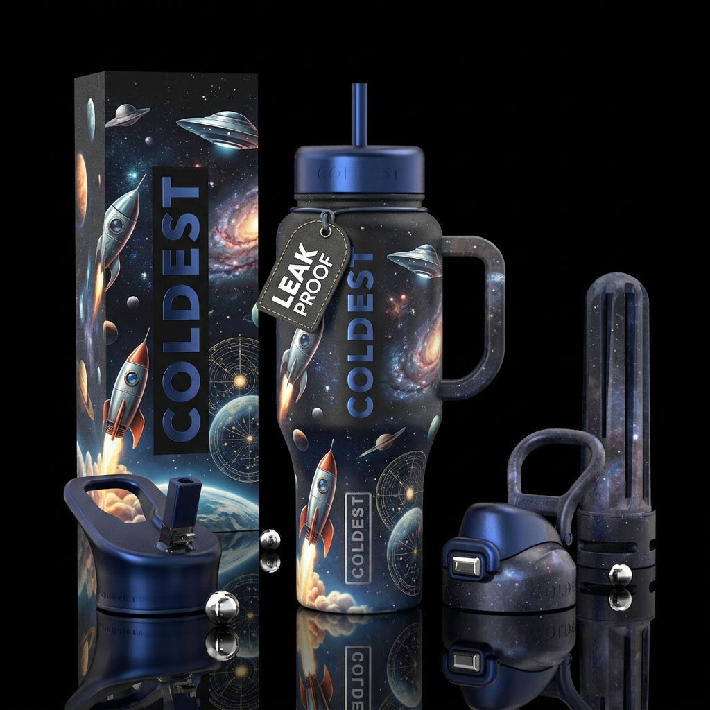 space rocketship ufo realistic water bottle design