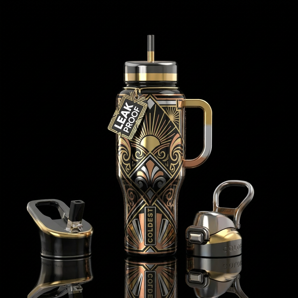 great gatsby inspired art deco with black gold sil... water bottle design