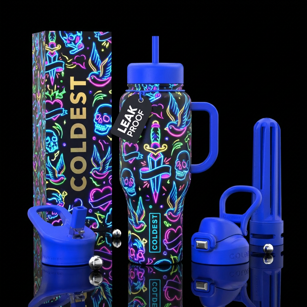 new skool tattoos neon on black background with ma... water bottle design