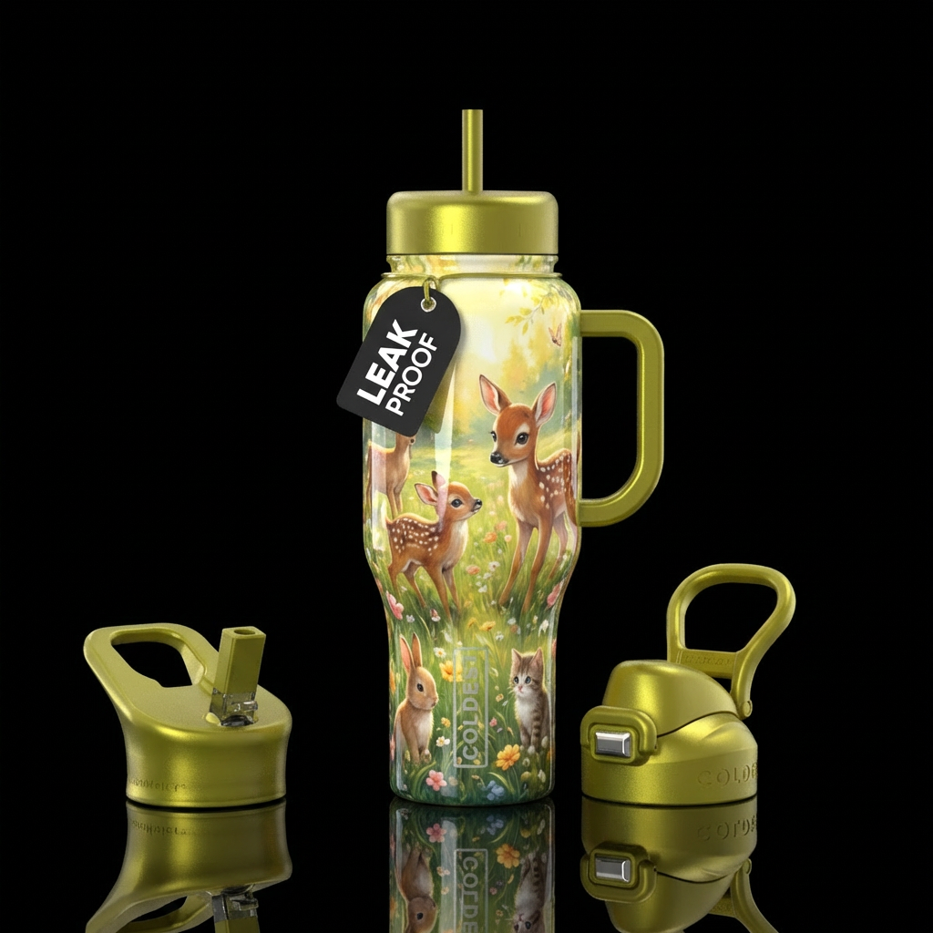 Soft fields of baby deer rabbits kittens flowers s... water bottle design
