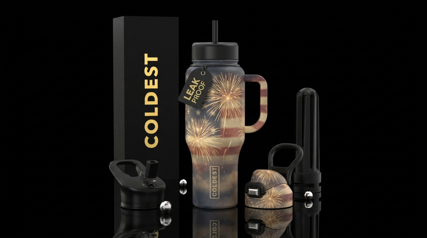 golden fireworks, soft night sky, faded flag glowi... water bottle design
