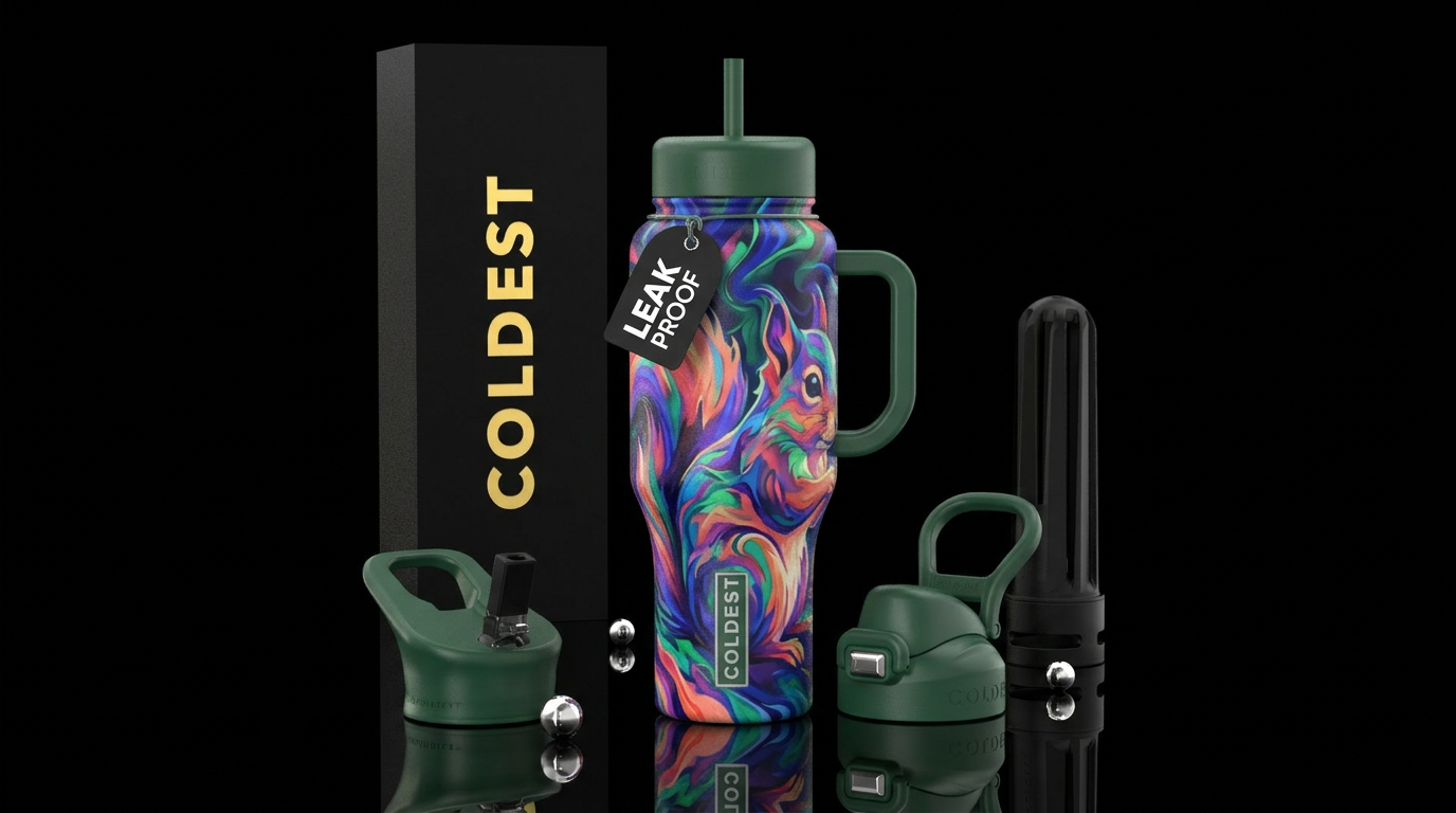 Squirrel, abstract, colorful, playful, dreamy, water bottle design