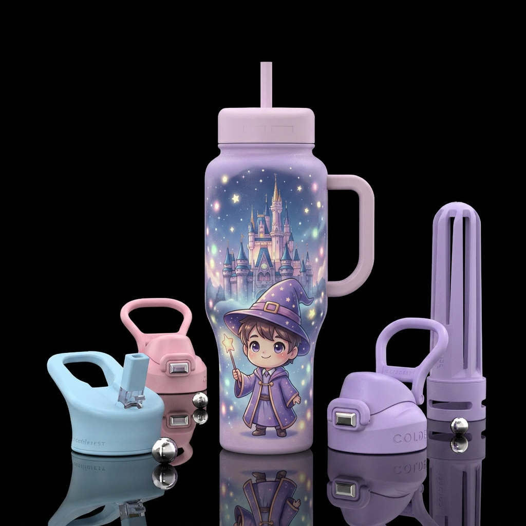 adorable wizard, chibi style, big eyes, smiling, h... water bottle design