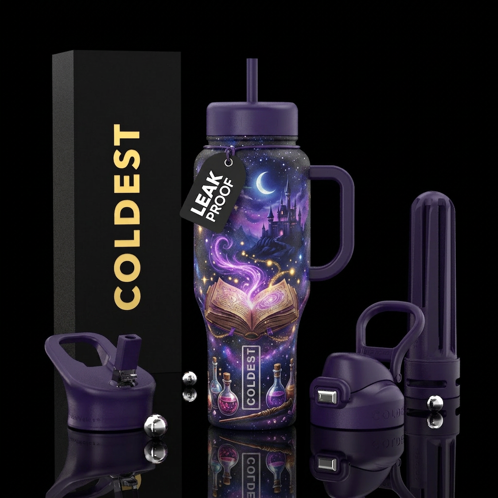enchanted spell book emitting glowing magic, swirl... water bottle design