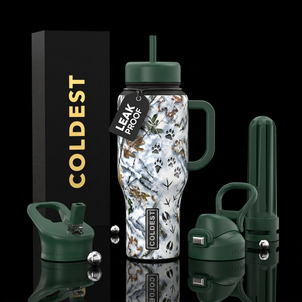 Winter camo, leaves,  snow, wildlife tracks water bottle design
