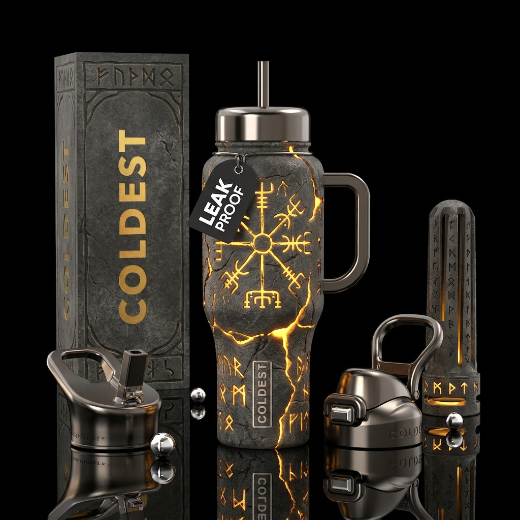 ancient stone surface, carved runes, glowing crack... water bottle design