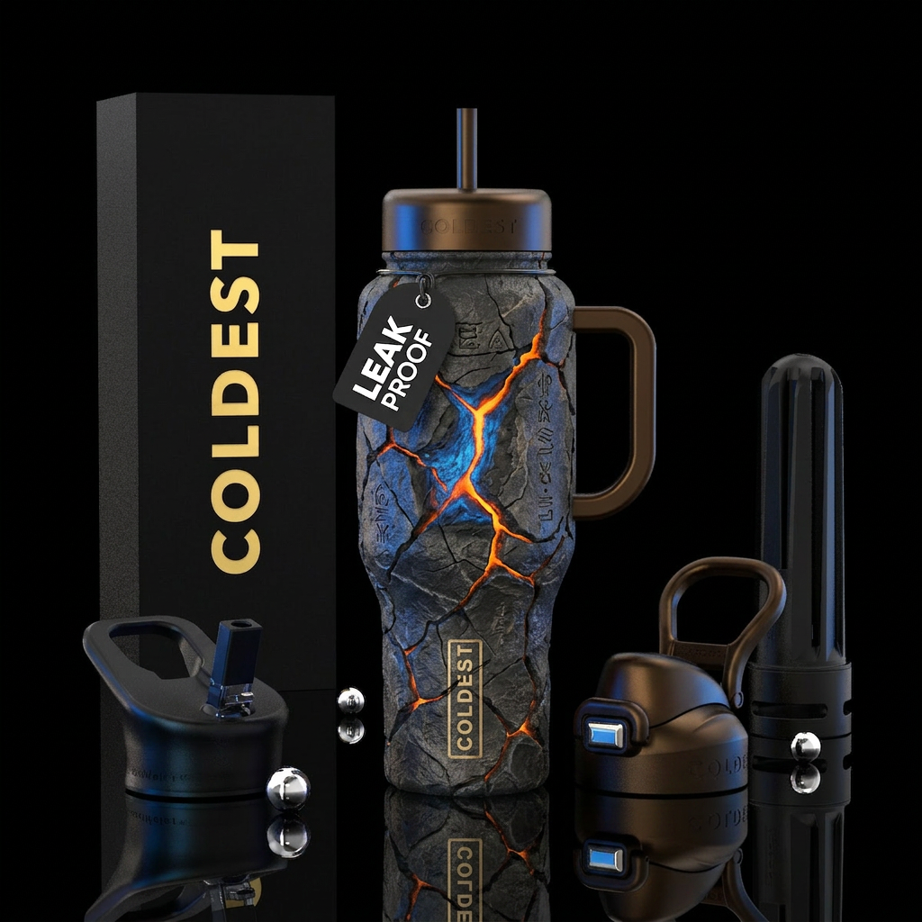 ancient stone, deep cracked fracture, glowing ener... water bottle design