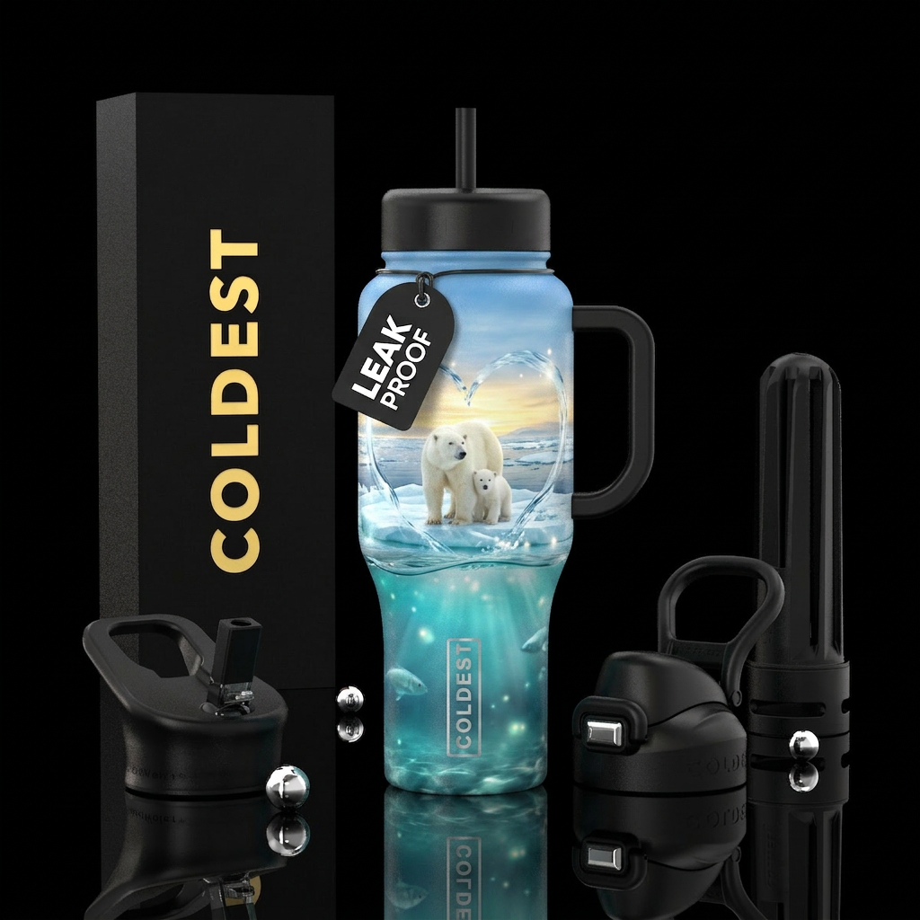 polar bear mother and cub standing close together ... water bottle design