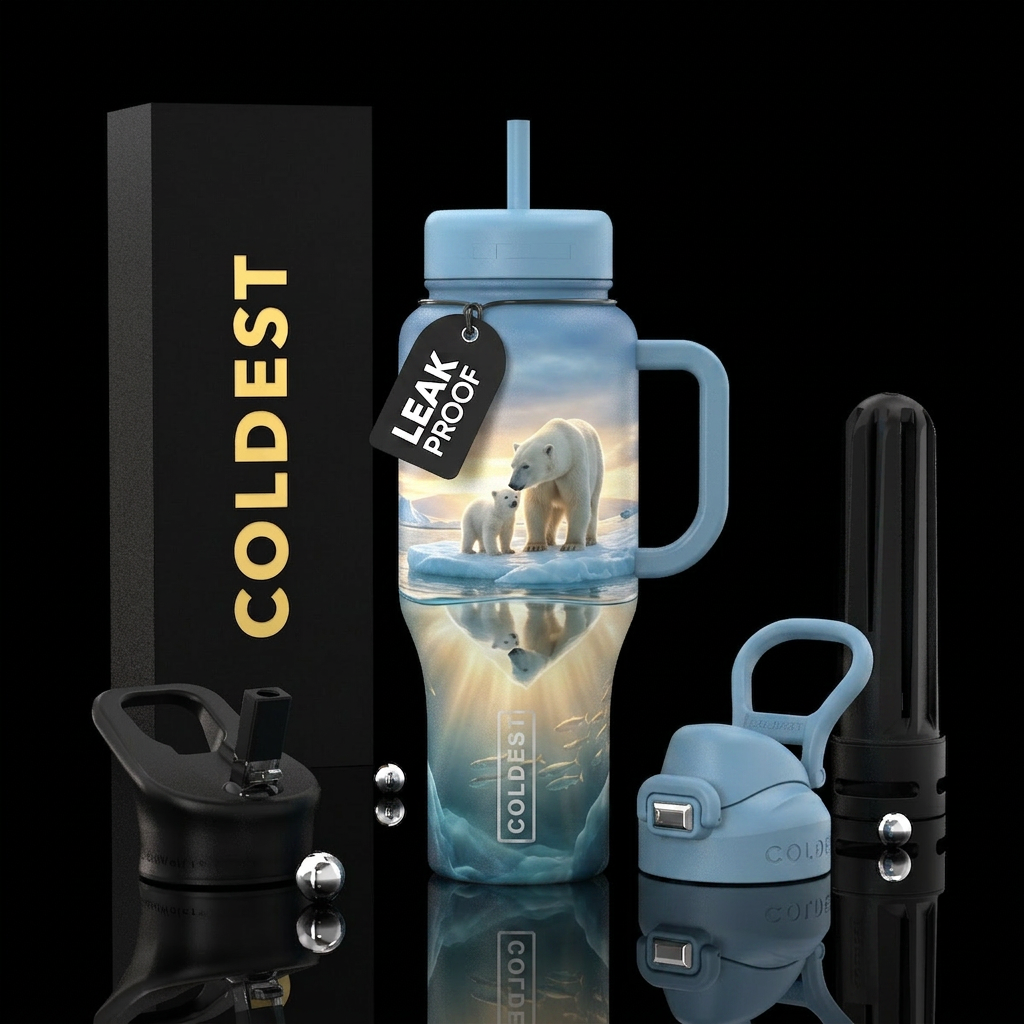 polar bear mother and cub standing close together ... water bottle design