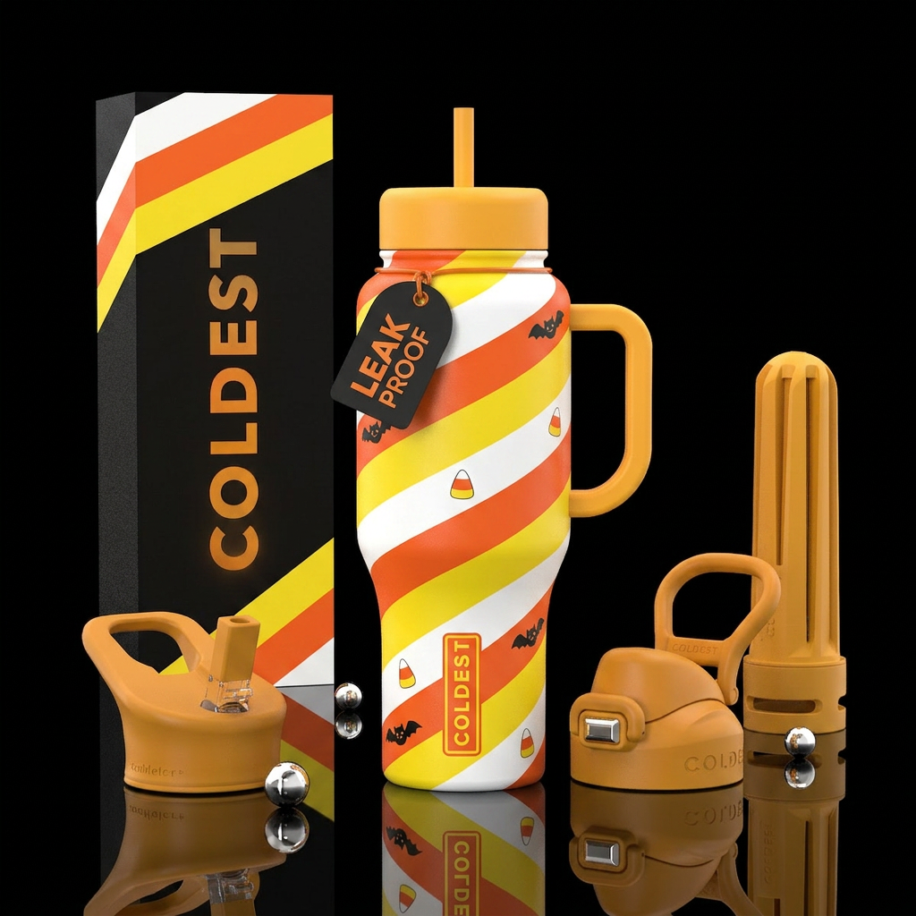 Candy corn colors white orange yellow, thick diago... water bottle design