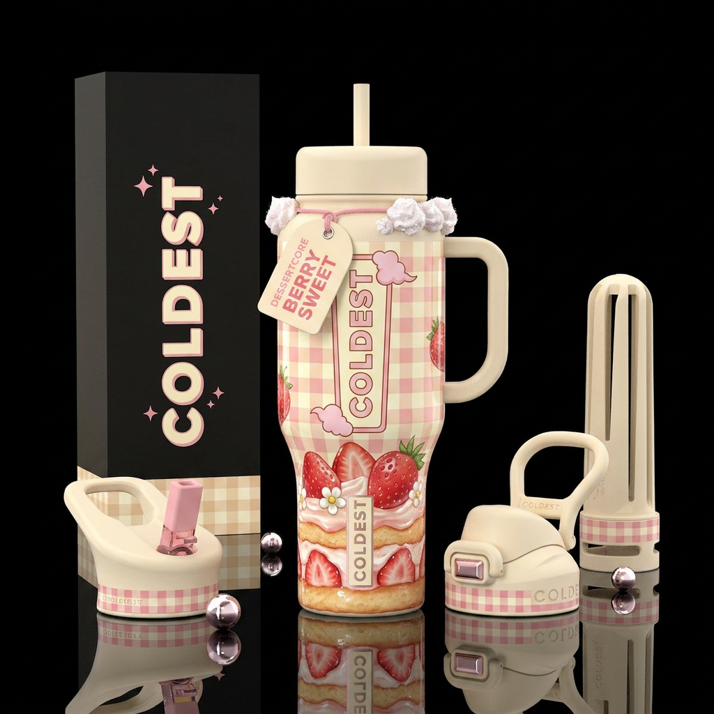 strawberries, whipped cream, strawberry cake, dess... water bottle design