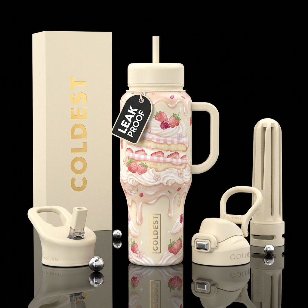 strawberries, whipped cream, strawberry cake, dess... water bottle design
