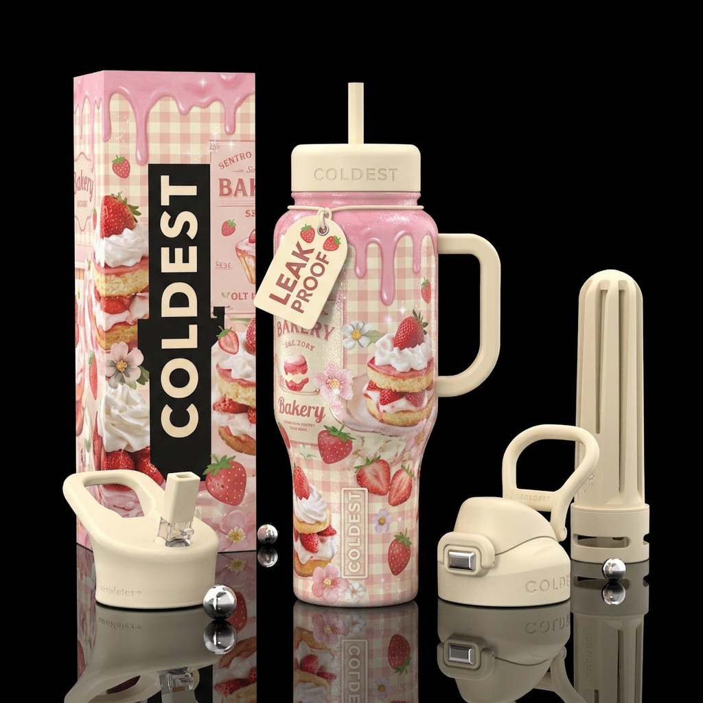 strawberries, whipped cream, strawberry cake, dess... water bottle design