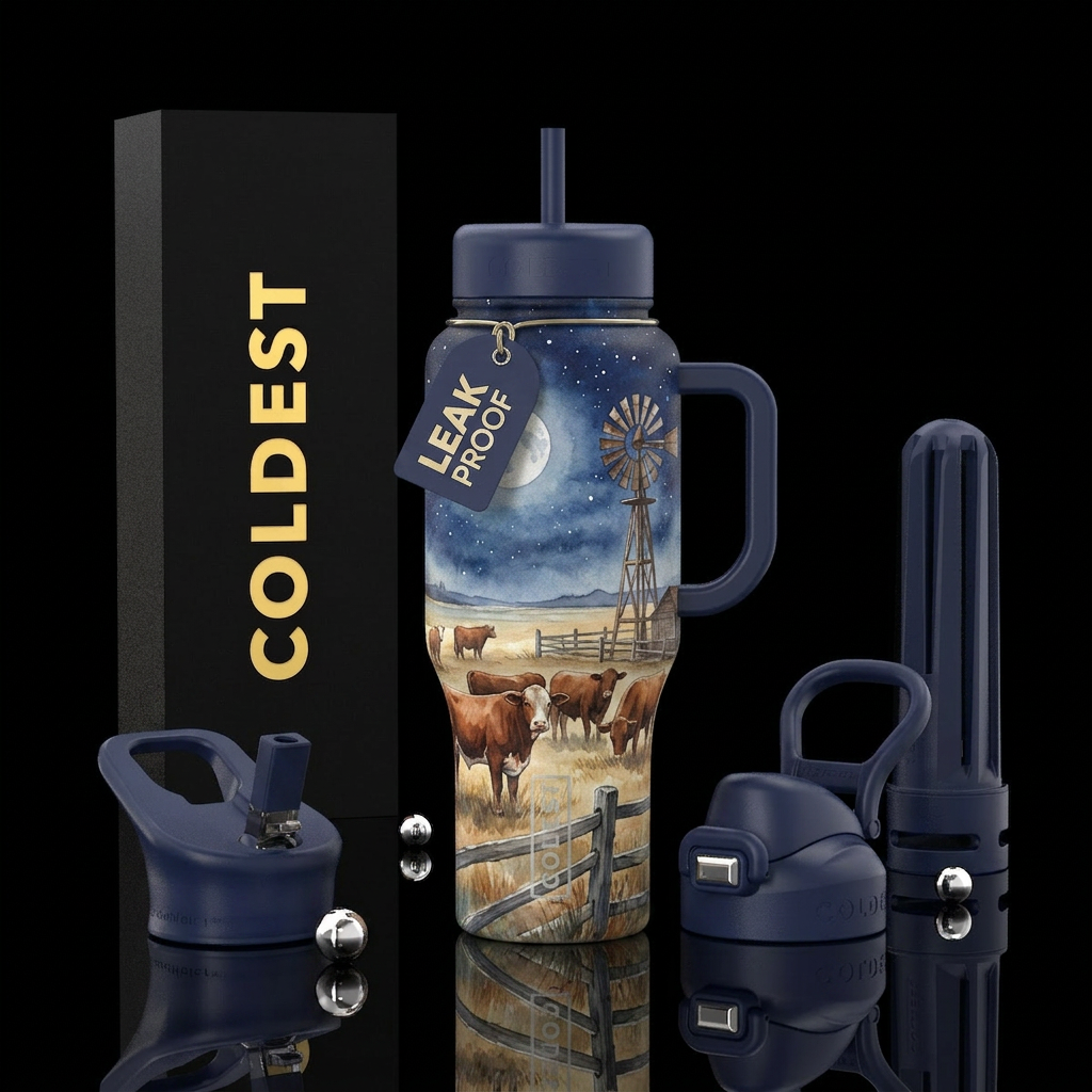 Moonlit western prairie, weathered windmill, ranch... water bottle design