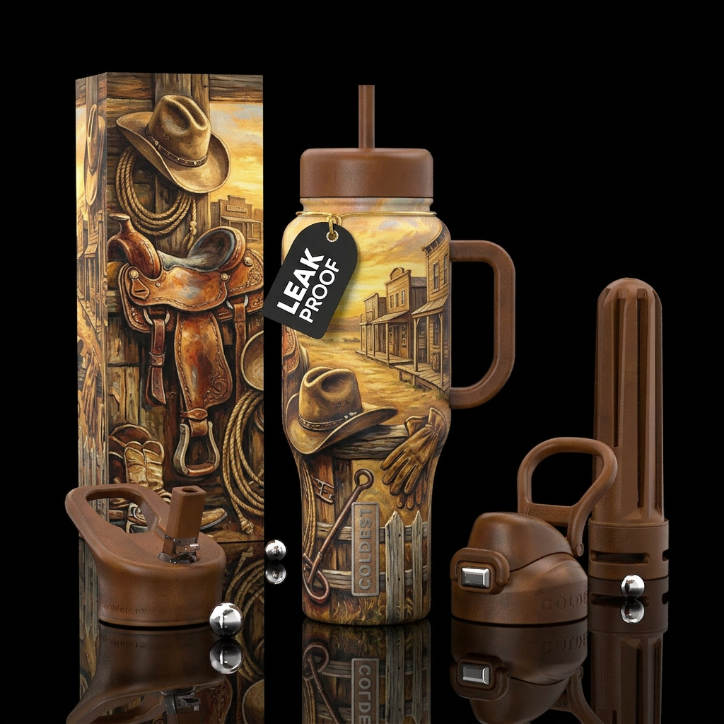 Weathered hitching post, worn leather saddle, cowb... water bottle design