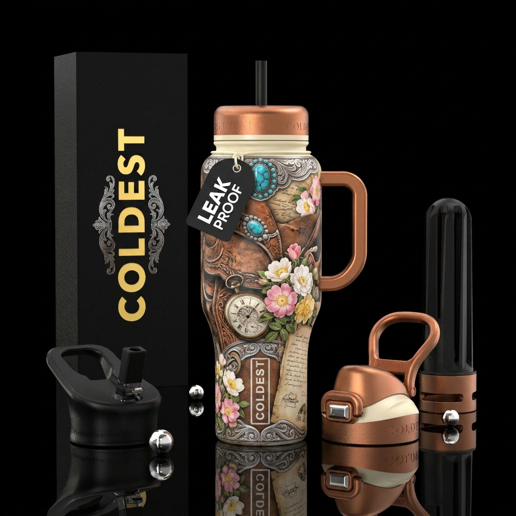 weathered saddle leather, prairie roses, turquoise... water bottle design