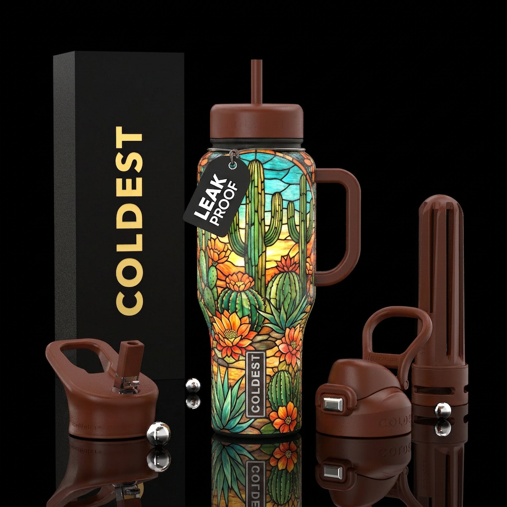 stained glass, turquoise, amber, coral, desert flo... water bottle design