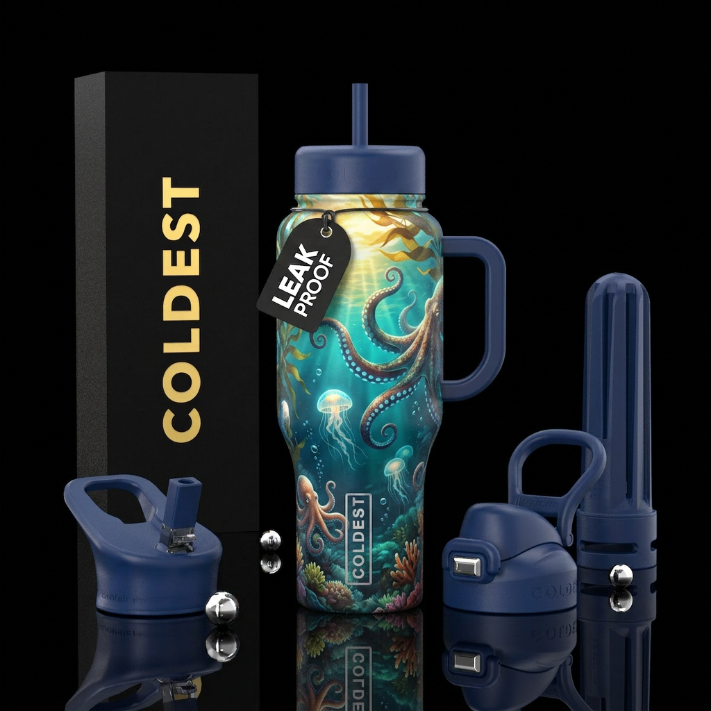 Pacific Octopus, graceful tentacles, deep sapphire... water bottle design