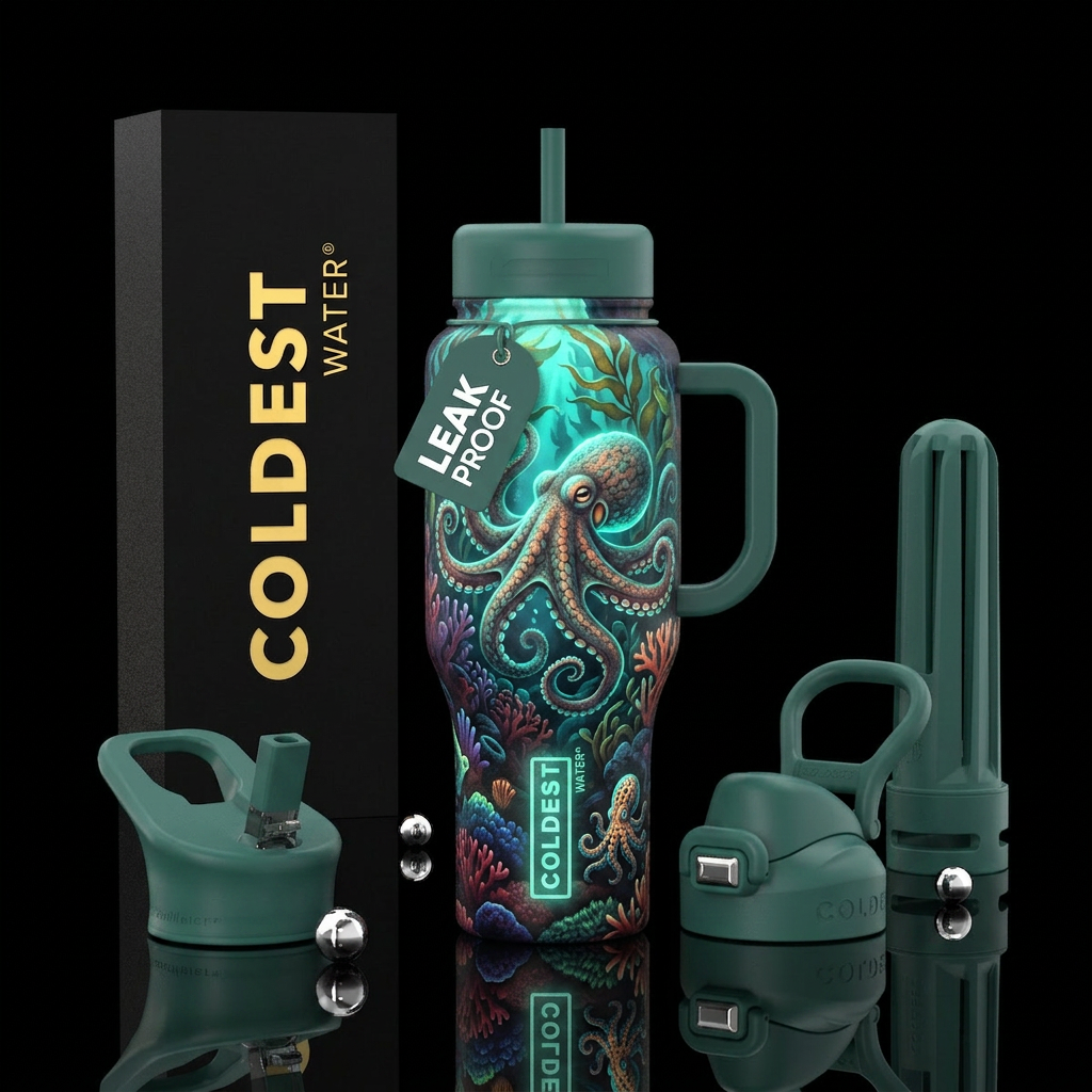 Pacif octopus, coral and kelp sea, glow in dark, b... water bottle design